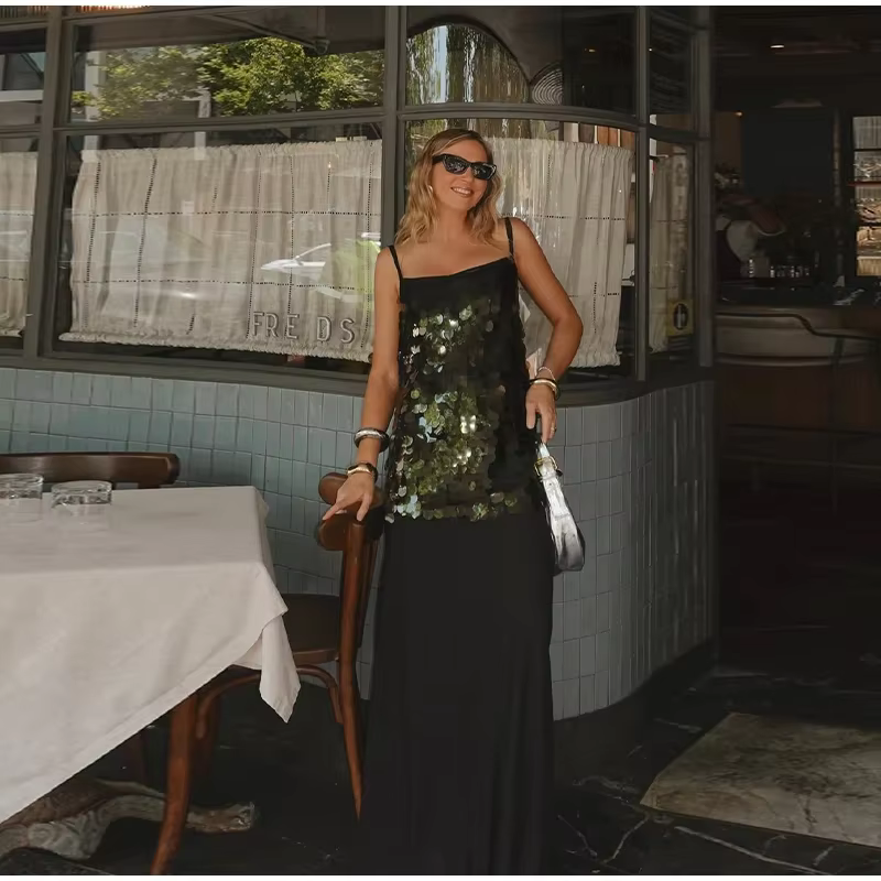 Casual Patchwork Sleeveless Backless Sequin Long Sling Dress