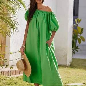 Casual Pleated Bohemian Off-Shoulder Puff Sleeve Shift Maxi Dress