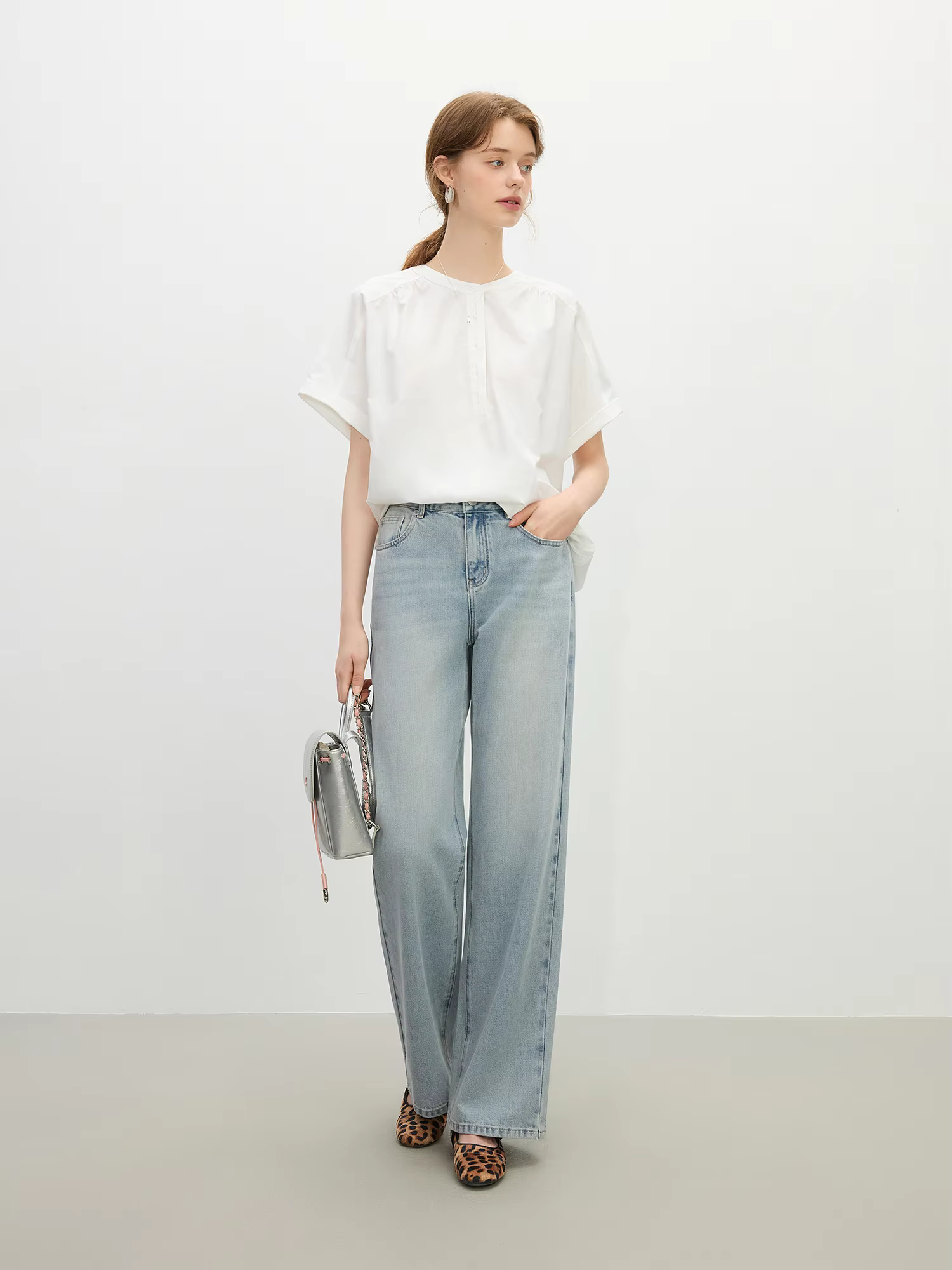 Casual Pockets Long Thin High Waist Drape Zipper Fly Wide-leg Straight Jeans