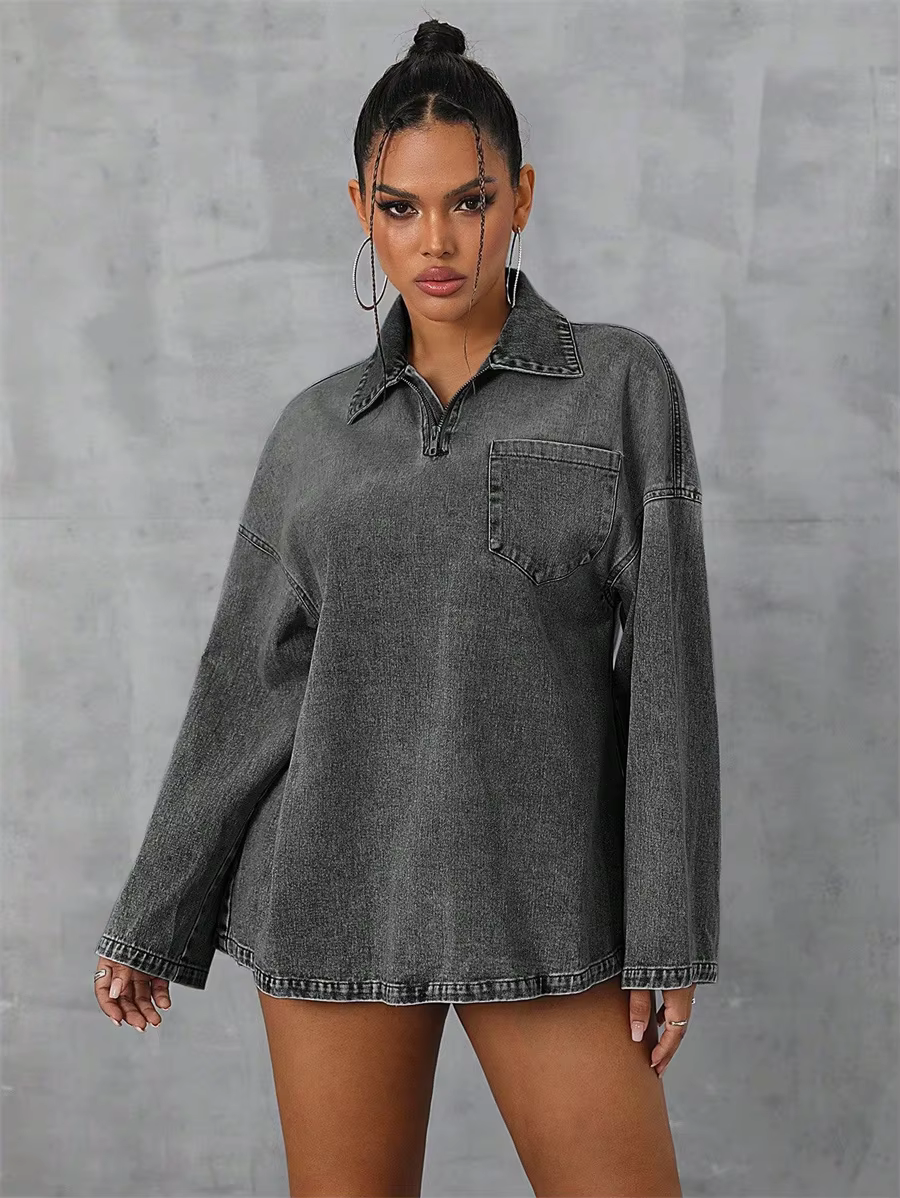 Casual Pockets Long-sleeved Turn-down Collar Zipper Loose Denim Blouse Tops - Image 4