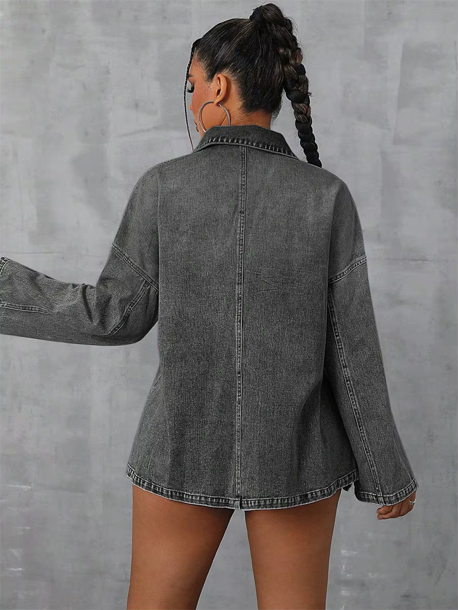 Casual Pockets Long-sleeved Turn-down Collar Zipper Loose Denim Blouse Tops - Image 5