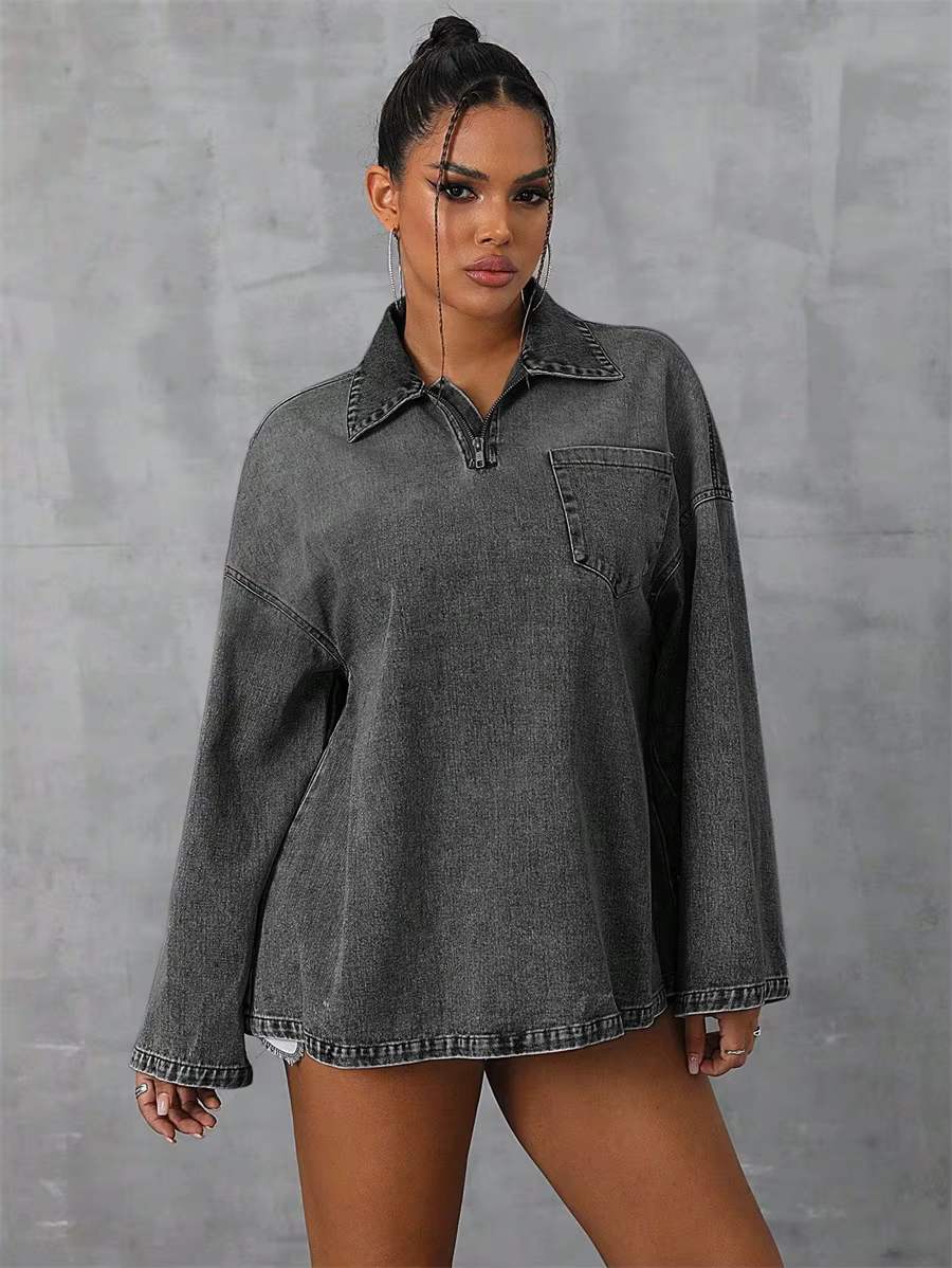 Casual Pockets Long-sleeved Turn-down Collar Zipper Loose Denim Blouse Tops - Image 2
