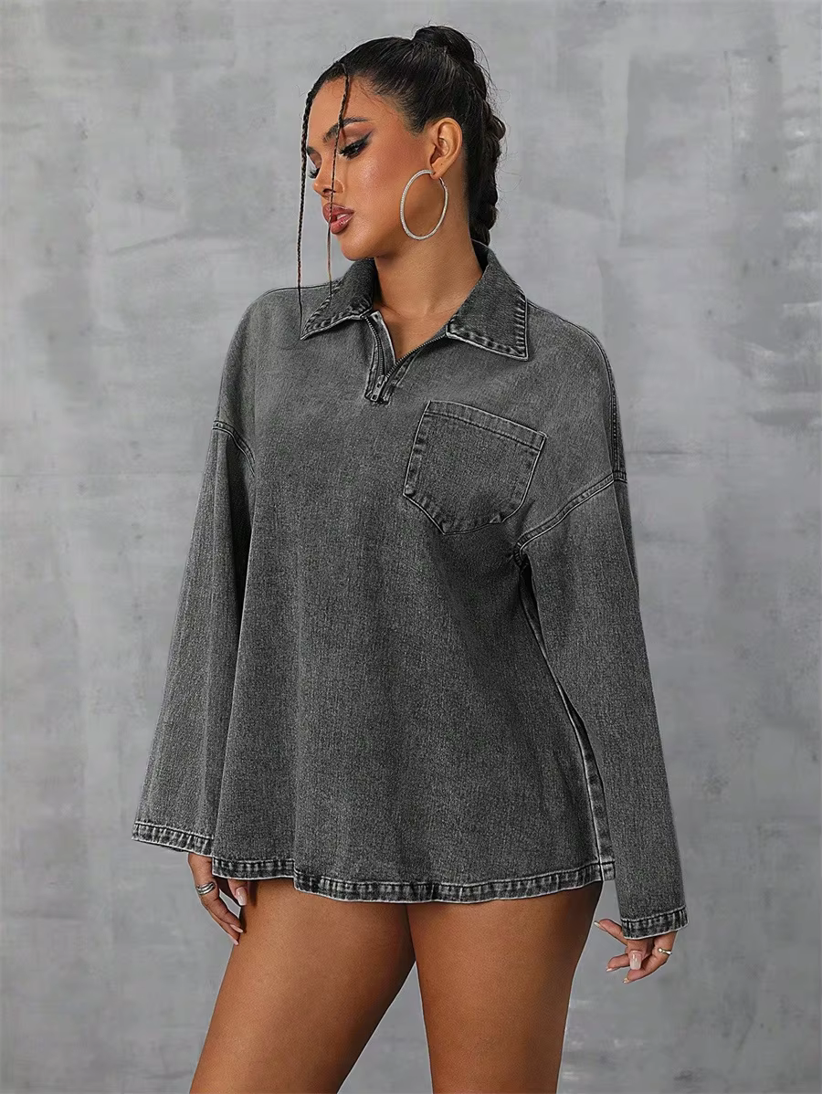 Casual Pockets Long-sleeved Turn-down Collar Zipper Loose Denim Blouse Tops - Image 3
