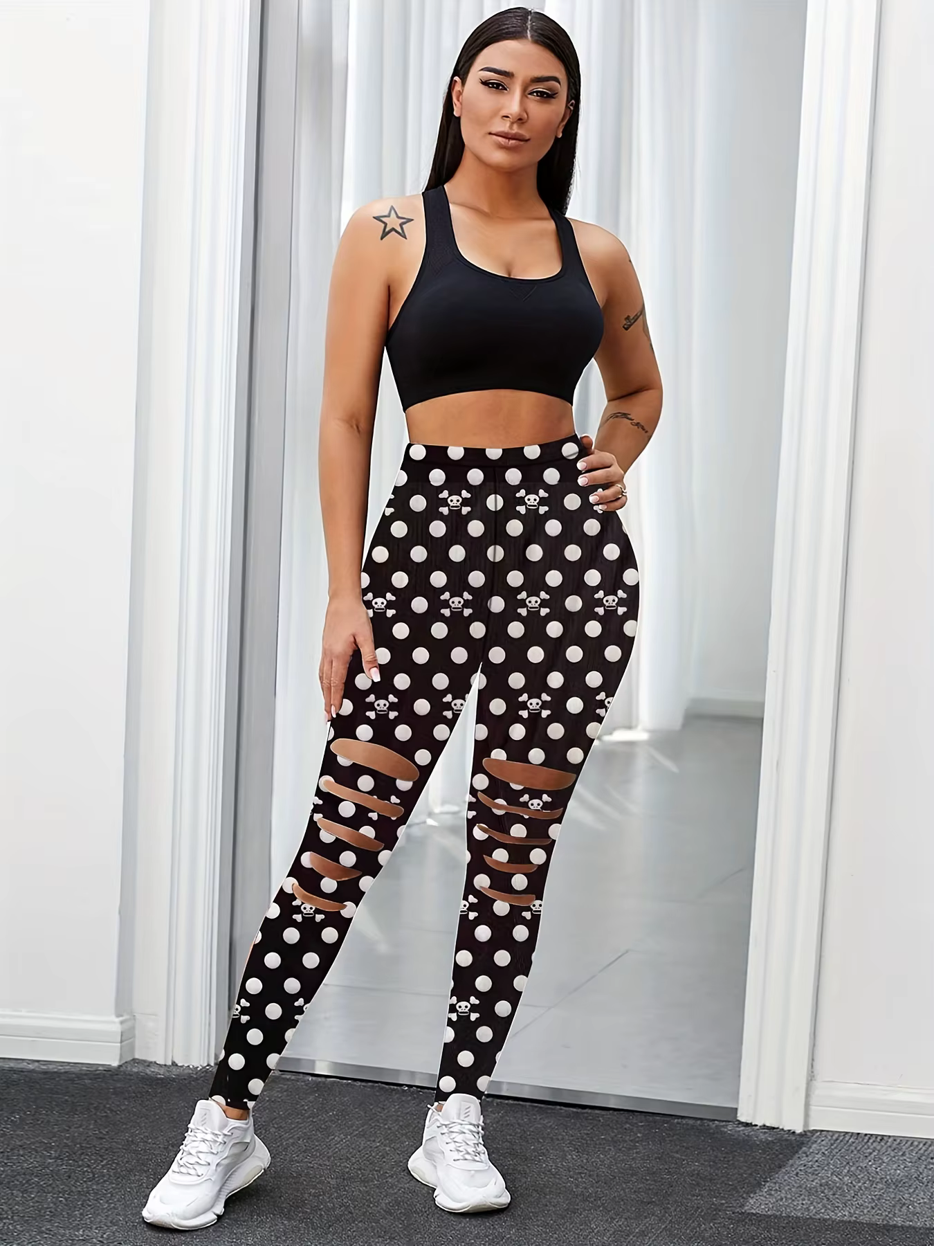 Casual Polka Dot Five Knife Hole Elastic High-Waisted Leggings