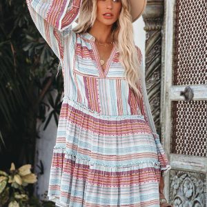 Casual Polyester Long Sleeve V-Neck Shift Mini Dress