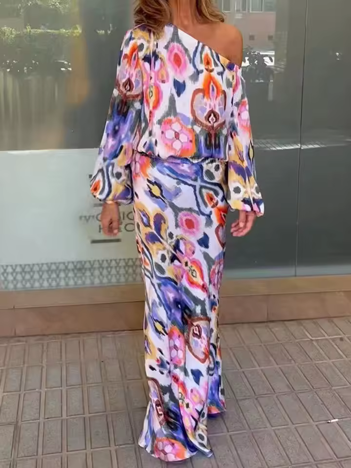 Casual Print Off Shoulder Asymmetrical T-shirt And Skirt Loose Two-piece Set