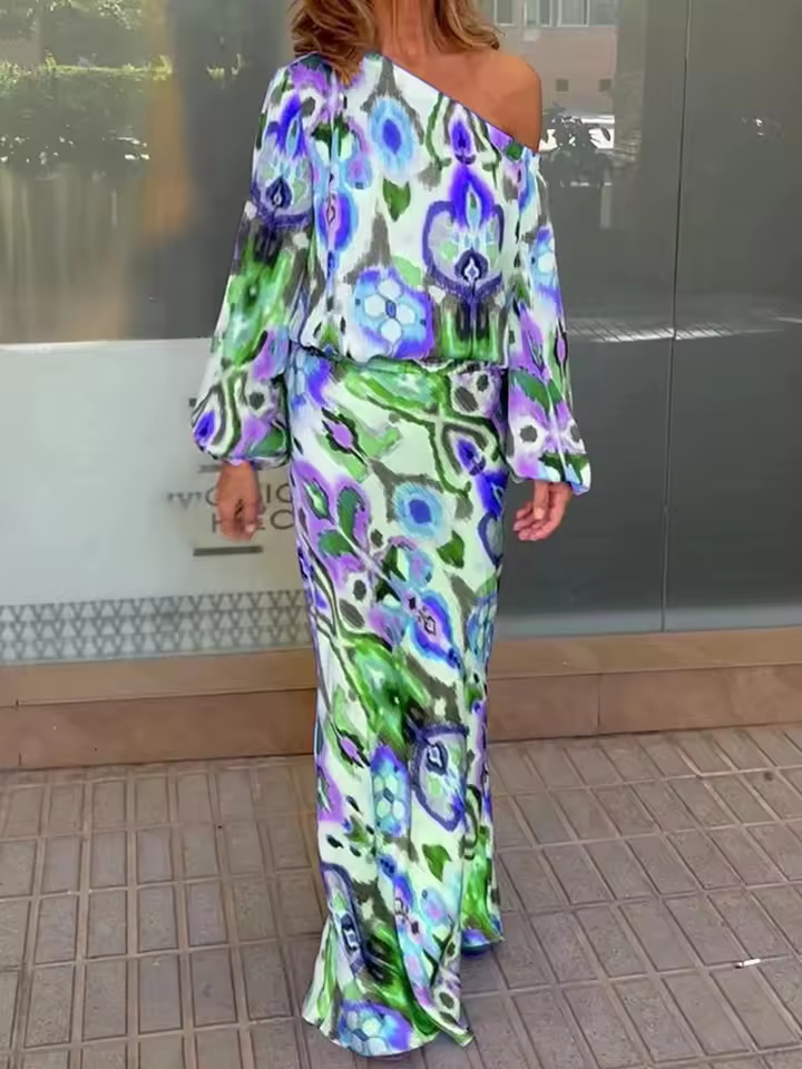 Casual Print Off Shoulder Asymmetrical T-shirt And Skirt Loose Two-piece Set - Image 3