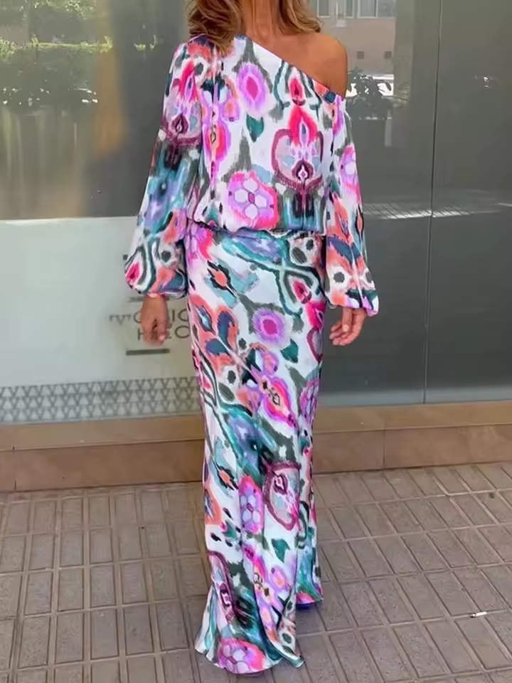 Casual Print Off Shoulder Asymmetrical T-shirt And Skirt Loose Two-piece Set - Image 4