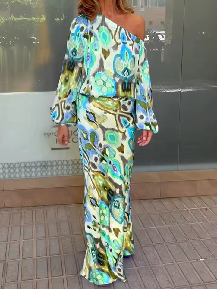 Casual Print Off Shoulder Asymmetrical T-shirt And Skirt Loose Two-piece Set - Image 2