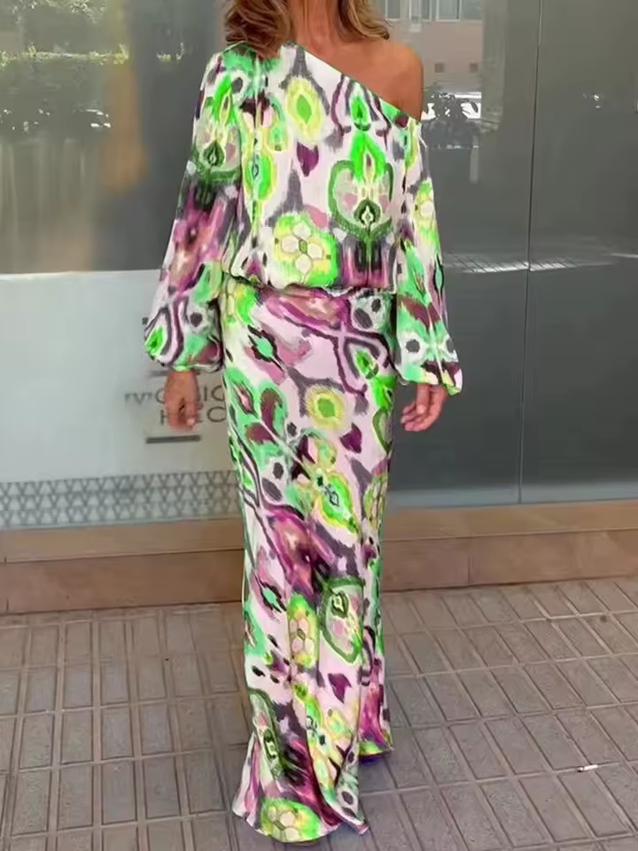 Casual Print Off Shoulder Asymmetrical T-shirt And Skirt Loose Two-piece Set - Image 7