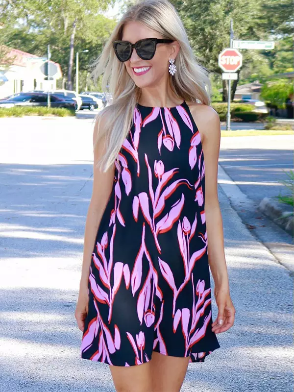 Casual Printed Halter Bohemian Shift Mini Dress Street Wear