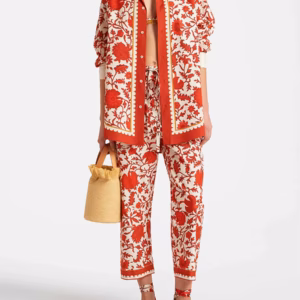 Casual Printed Lapel Patchwork Button Shirt High Waist Thigh Pant Two Piece Set