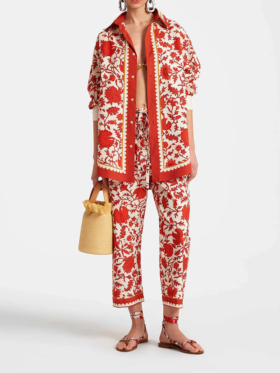 Casual Printed Lapel Patchwork Button Shirt High Waist Thigh Pant Two Piece Set