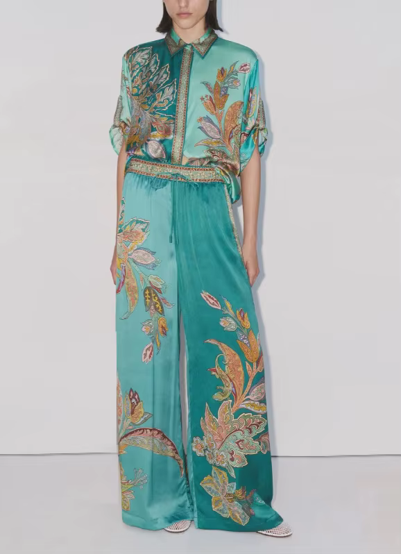 Casual Printed Long Sleeve Shirt Lapel Button Wide-leg Trousers 2 Piece Set