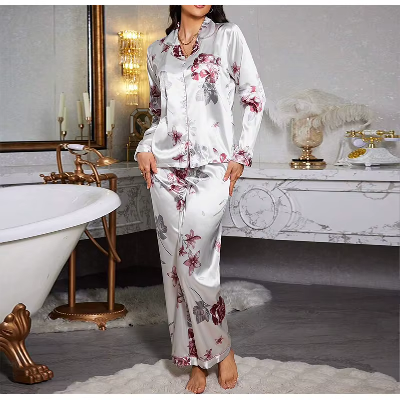 Casual Printed Long Sleeved Top Elastic Waist Long Sleepwear Two Piece Set
