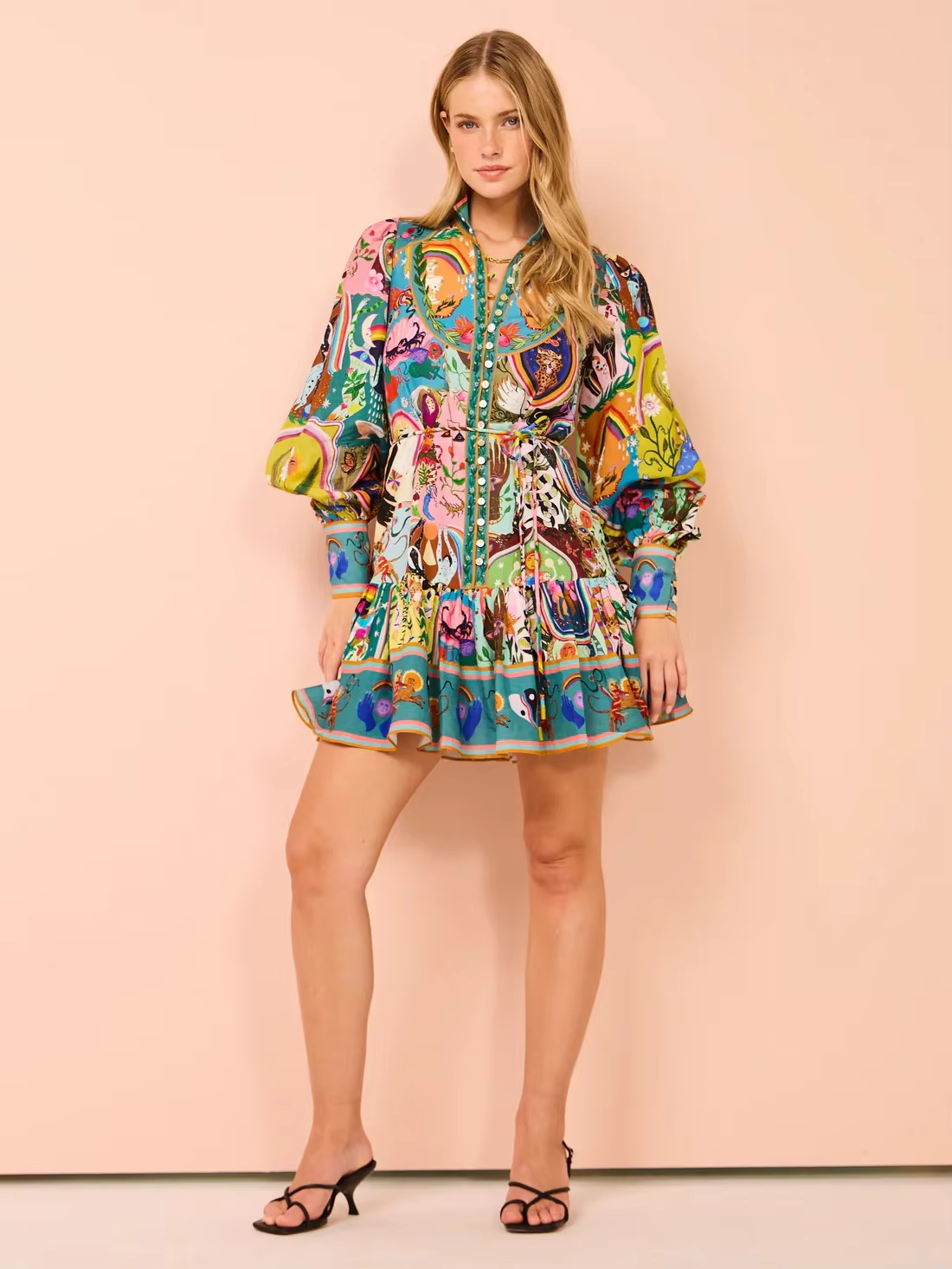 Casual Single Breasted Printed Round Neck Strap Pleated Ruffle Mini Dress