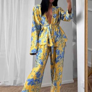 Casual Printed Satin Long Sleeve Lace-Up Shirts And Pant 2 Piece Set