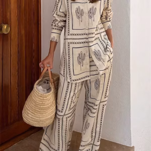 Casual Printed Shirts Lapel Long Sleeve Top High Waist Wide Leg Pants Two Piece Set