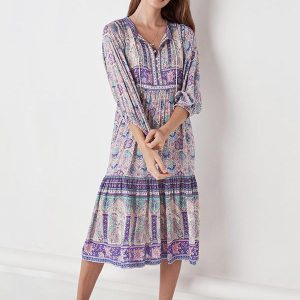 Casual Printed V-Neck Three Quarters Sleeves Flowy Midi Dress