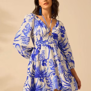 Casual Printed V-neck Waist Short Skirt Lantern Sleeve Strap Mini Dress