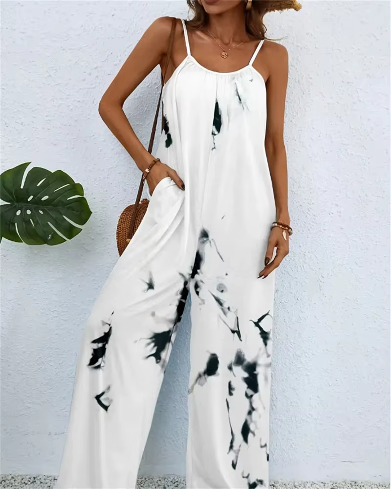Casual Printing Color Gradient Sleeveless Beach Style Baggy Jumpsuit