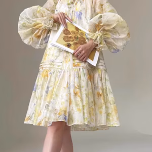 Casual Printing O-Neck Long Sleeve High Waist Loose Knee-length Dress