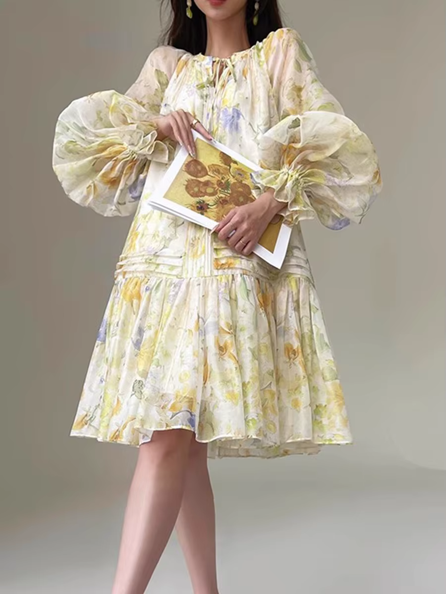 Casual Printing O-Neck Long Sleeve High Waist Loose Knee-length Dress