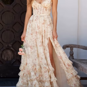 Casual Printing Split Square Collar Sleeveless High Waist Patchwork Ruffles Long Dress