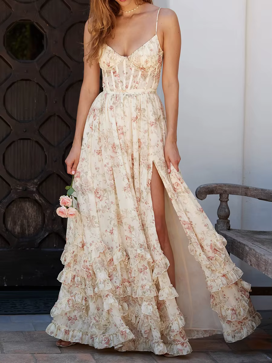 Casual Printing Split Square Collar Sleeveless High Waist Patchwork Ruffles Long Dress