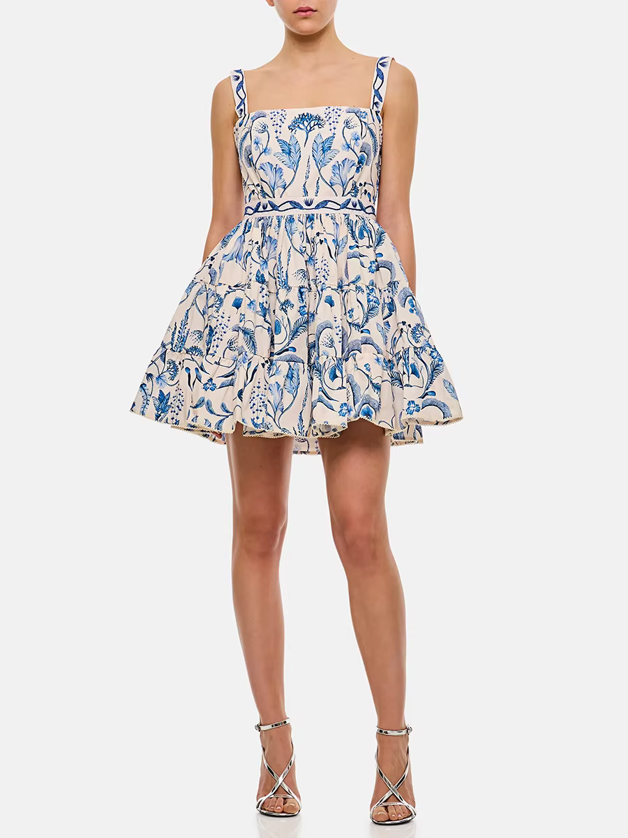 Casual Printing Square Neck Sleeveless High Waist Temperament Mini Dress