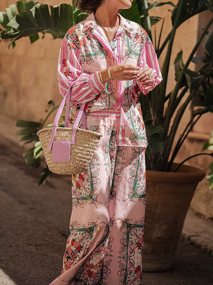 Casual Printing Turn-Down Collar Cardigan Top Wide Leg Pants Loose Two Pieces Sets