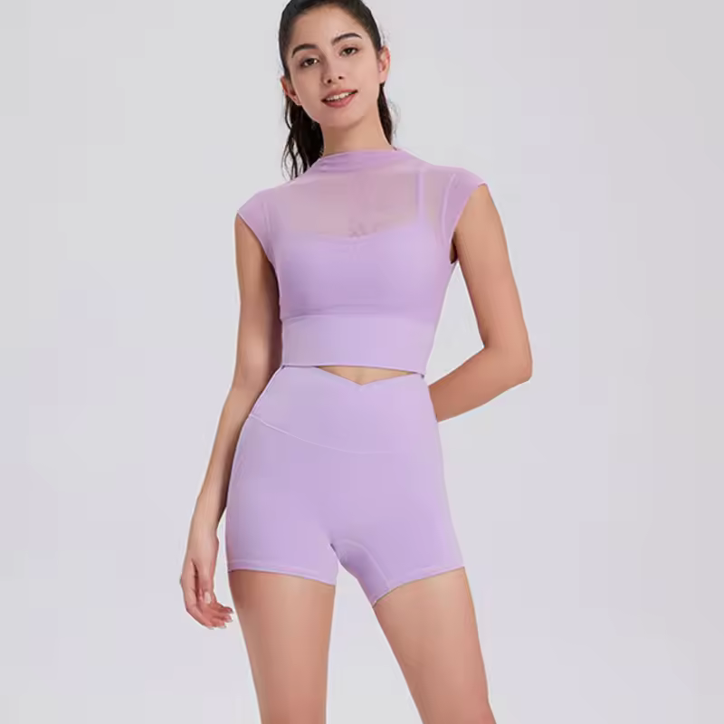 Quick-Dry Sleeveless Fixed Pad Mesh Sports Yoga T-Shirt