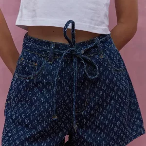 Casual Raised Printed Denim Drawstring Straight Street Wear Belt With Shorts