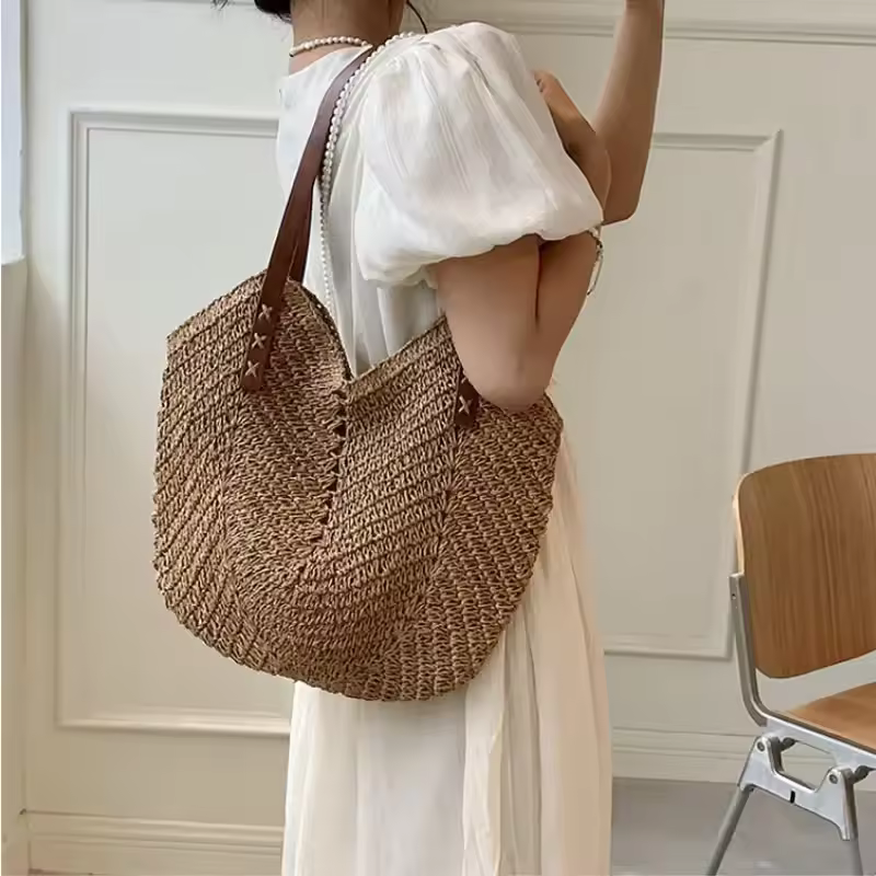 Casual Rattan Woven Top Handle Hollow Raffia Crochet Beach Straw Handbags