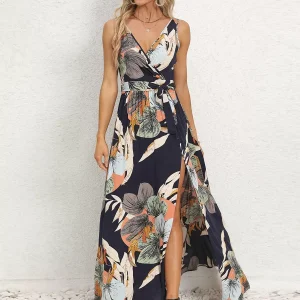Casual Resort Style Printed V-Neck Sleeveless Belted High Slit Maxi Dress