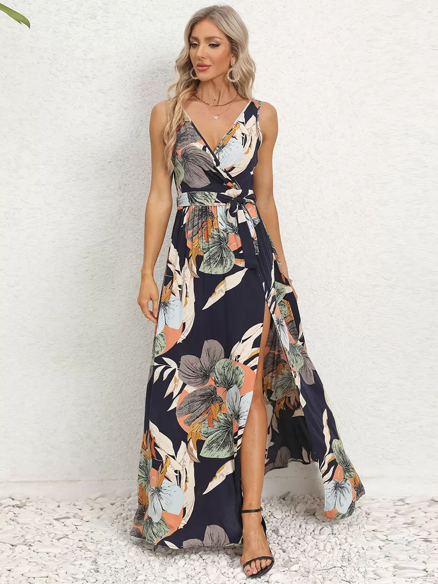 Casual Resort Style Printed V-Neck Sleeveless Belted High Slit Maxi Dress