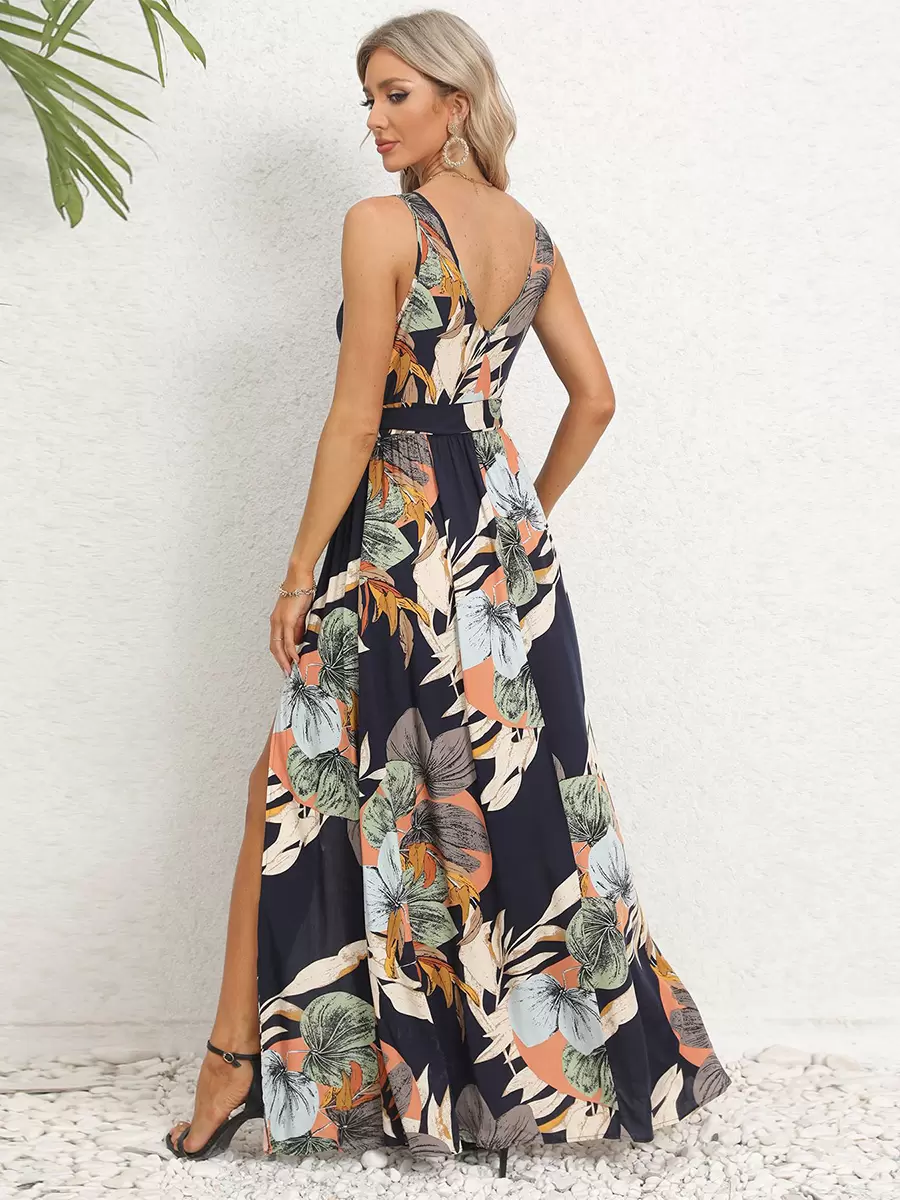 Casual Resort Style Printed V-Neck Sleeveless Belted High Slit Maxi Dress - Image 4