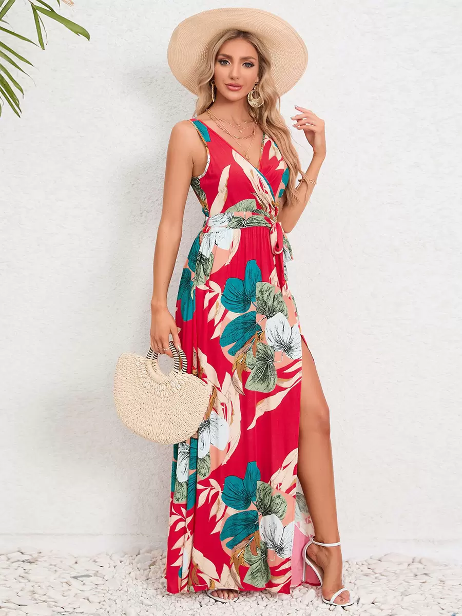Casual Resort Style Printed V-Neck Sleeveless Belted High Slit Maxi Dress - Image 6