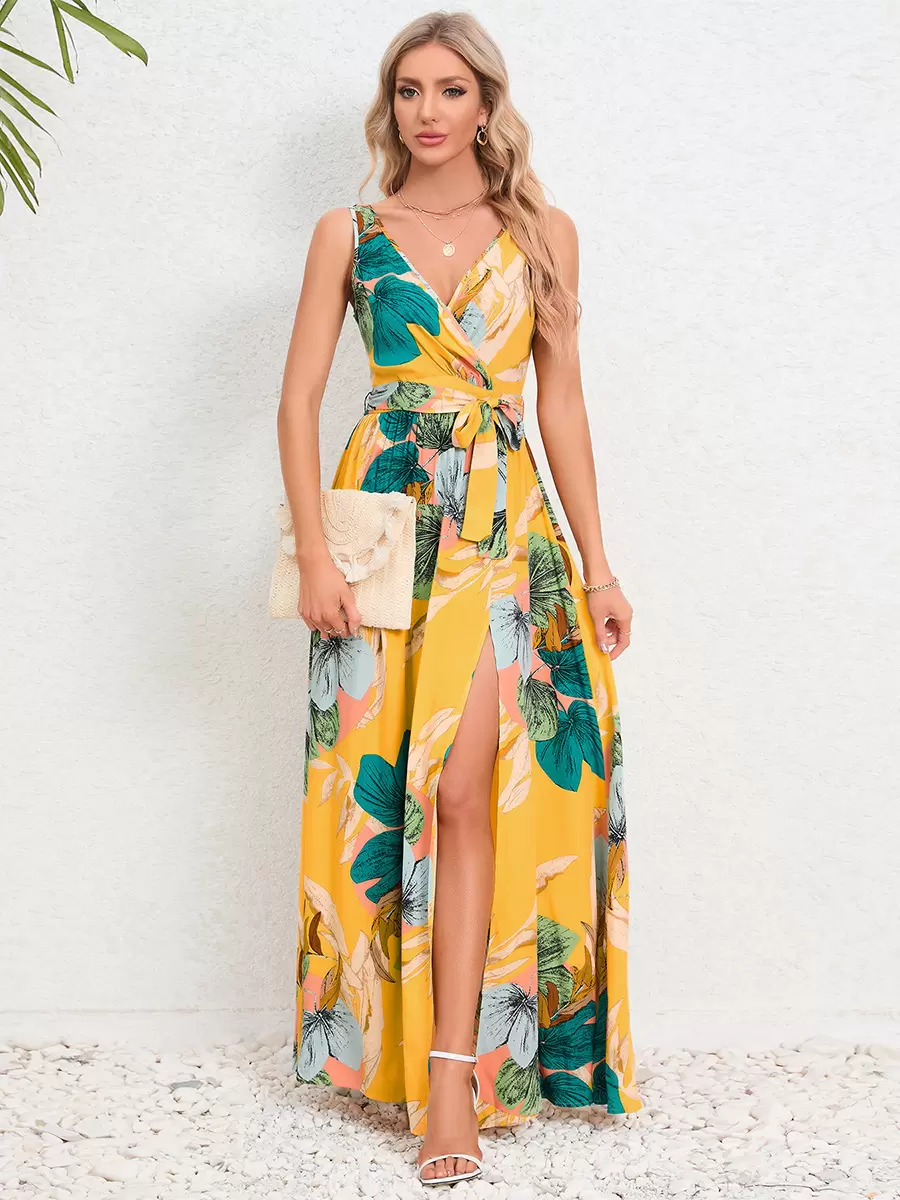 Casual Resort Style Printed V-Neck Sleeveless Belted High Slit Maxi Dress - Image 5