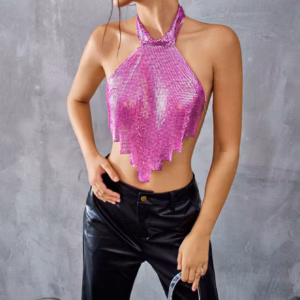 Casual Rhinestone Backless Halter Neck Metal Sequins Tank Tops