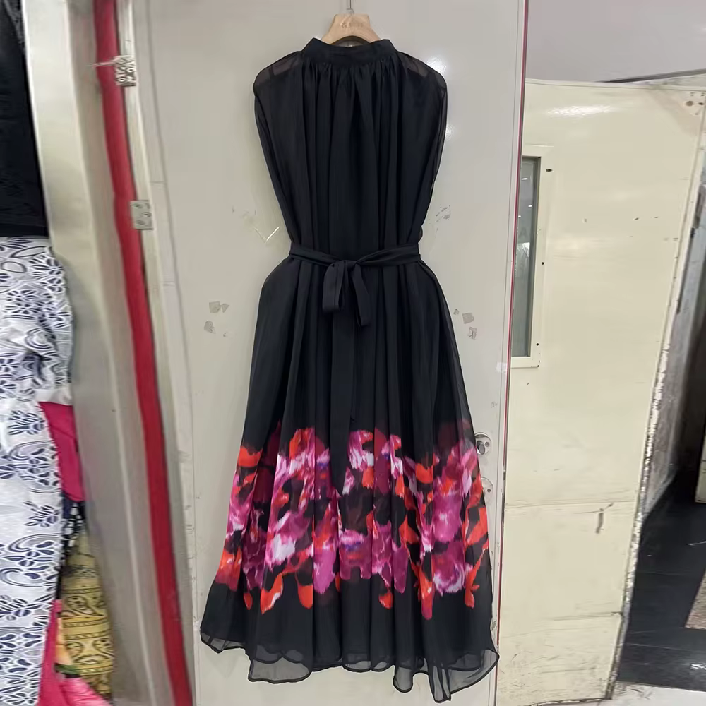 Casual Round Neck Long Sleeves Patchwork Printing Solid Maxi Dress - Image 6