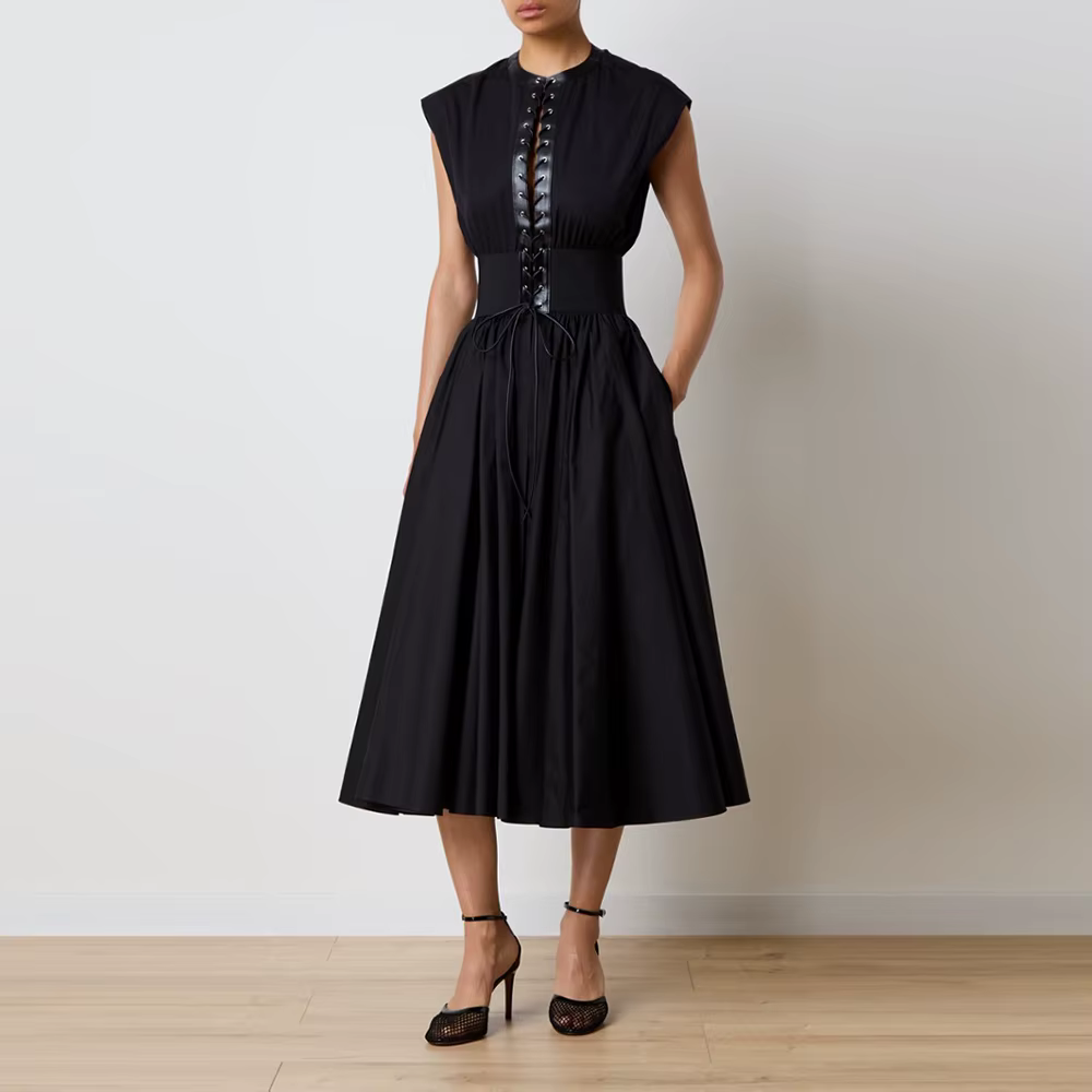 Casual Round Neck Sleeveless Patchwork Folds Solid Lace Up Temperament Midi Dresses