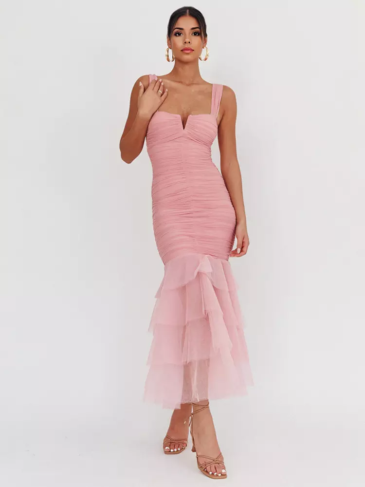 Casual Ruffle Ruched Layered Open Shoulder Hem Sleeveless Maxi Dress - Image 3