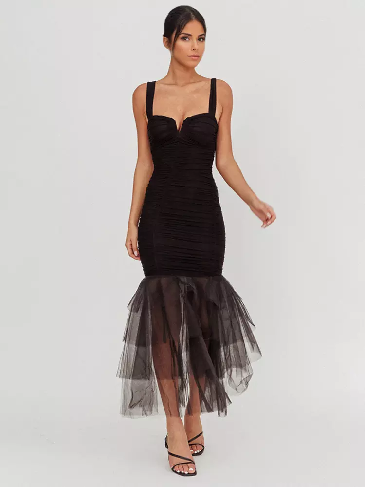 Casual Ruffle Ruched Layered Open Shoulder Hem Sleeveless Maxi Dress - Image 12