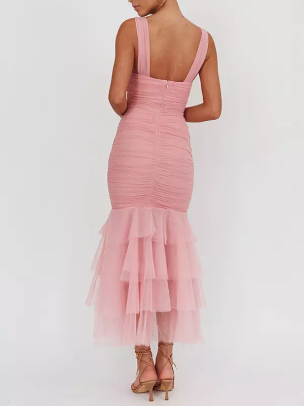 Casual Ruffle Ruched Layered Open Shoulder Hem Sleeveless Maxi Dress - Image 4