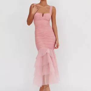 Casual Ruffle Ruched Layered Open Shoulder Hem Sleeveless Maxi Dress