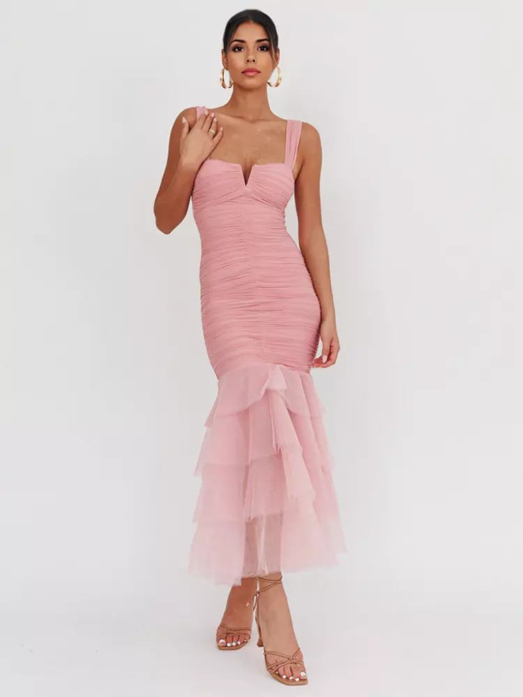 Casual Ruffle Ruched Layered Open Shoulder Hem Sleeveless Maxi Dress