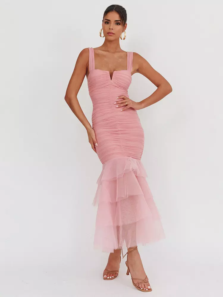 Casual Ruffle Ruched Layered Open Shoulder Hem Sleeveless Maxi Dress - Image 5