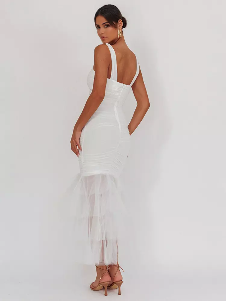 Casual Ruffle Ruched Layered Open Shoulder Hem Sleeveless Maxi Dress - Image 7