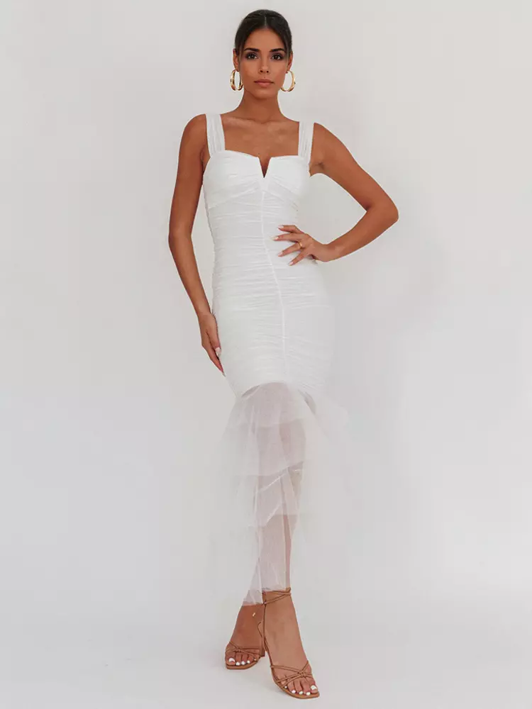 Casual Ruffle Ruched Layered Open Shoulder Hem Sleeveless Maxi Dress - Image 6